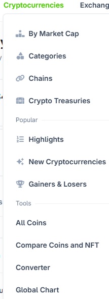 CoinGecko drop down menu