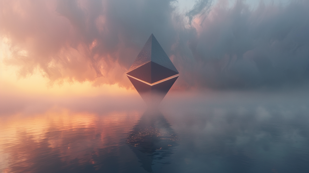 Ethereum zwalkt over het water in de mist